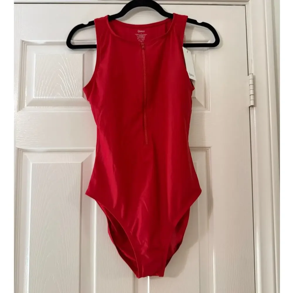 quince italian zip front one-piece swimsuit cherry red, women size medium